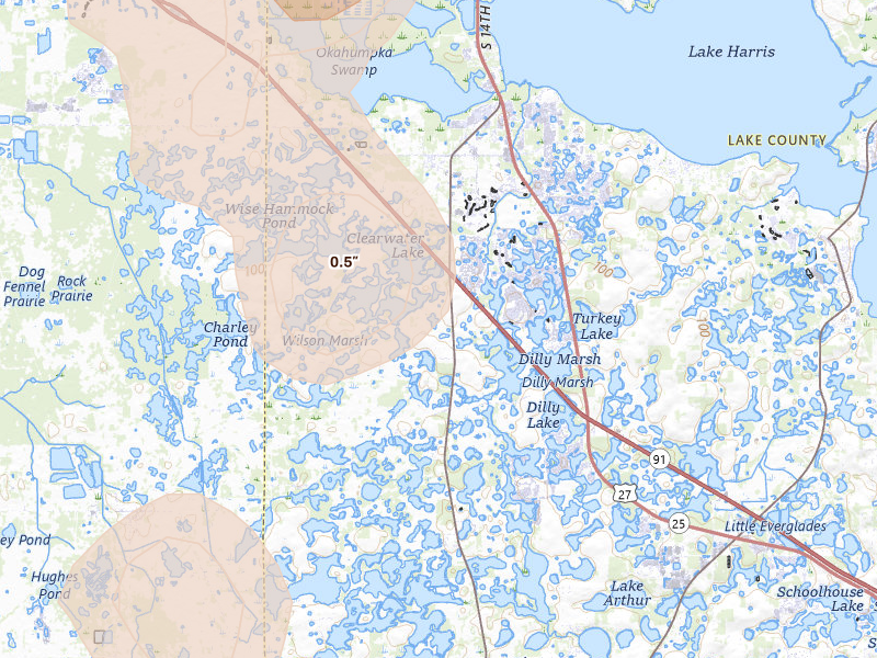 Radar-estimated hail-size map of the storm over Groveland, FL on Aug 19, 2026