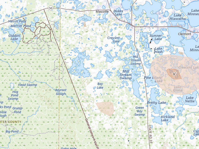 Radar-estimated hail-size map of the storm over Groveland, FL on Aug 26, 2026