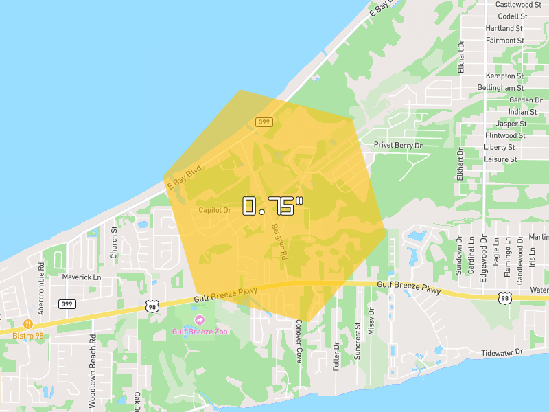 Hail map of Gulf Breeze, FL on Jun 30, 2026, hail up to 0.75"