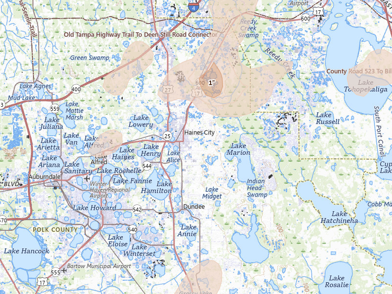 Radar-estimated hail-size map of the storm over Haines City, FL on Mar 15, 2026