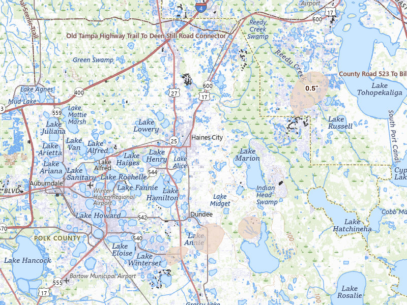 Radar-estimated hail-size map of the storm over Haines City, FL on Jun 12, 2026