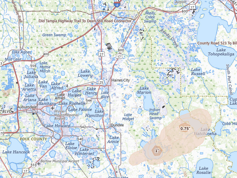 Radar-estimated hail-size map of the storm over Haines City, FL on Jun 22, 2026