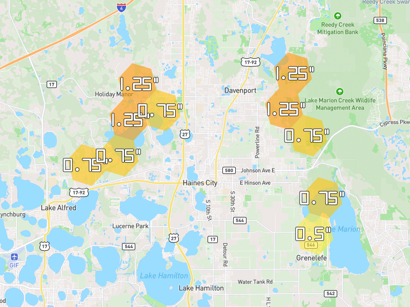 Hail map of Haines City, FL on Jun 27, 2026, hail up to 1.25"