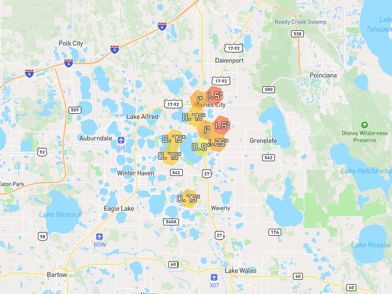 Hail map of Haines City, FL on Jun 30, 2026, hail up to 1.5"