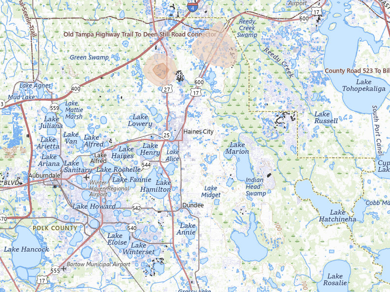 Radar-estimated hail-size map of the storm over Haines City, FL on Jul 8, 2026