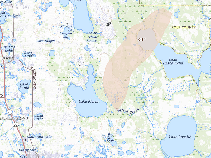 Radar-estimated hail-size map of the storm over Haines City, FL on Aug 14, 2026