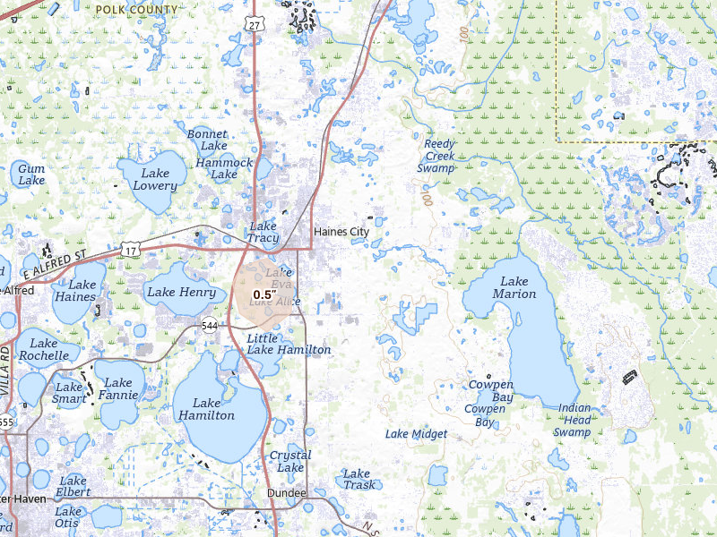 Radar-estimated hail-size map of the storm over Haines City, FL on Aug 19, 2026