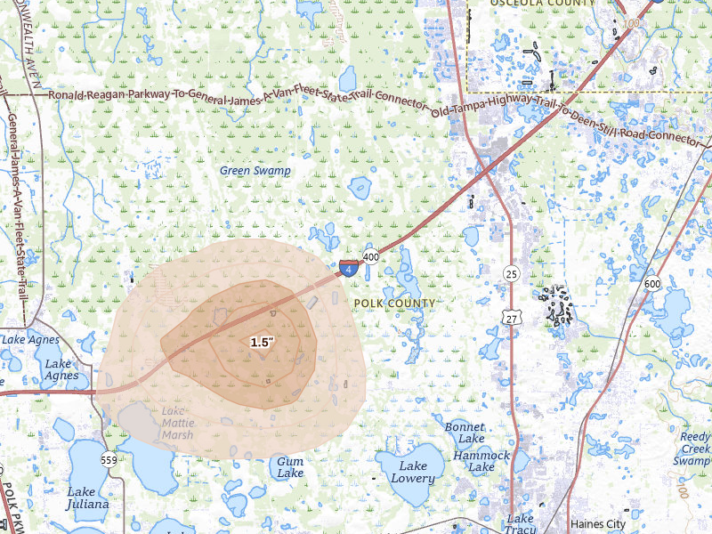 Radar-estimated hail-size map of the storm over Haines City, FL on Aug 26, 2026