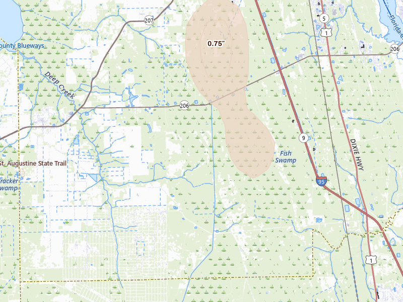 Radar-estimated hail-size map of the storm over Hastings, FL on Jun 25, 2026