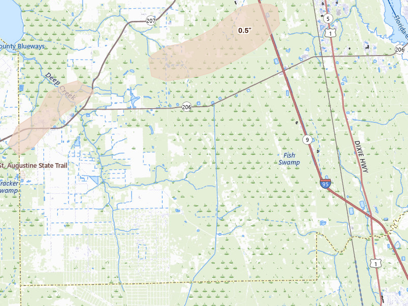 Radar-estimated hail-size map of the storm over Hastings, FL on Jul 9, 2026