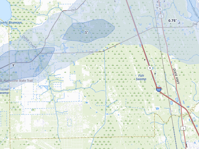 NEXRAD radar-signature map of the hail storm over Hastings, FL on Jul 9, 2026