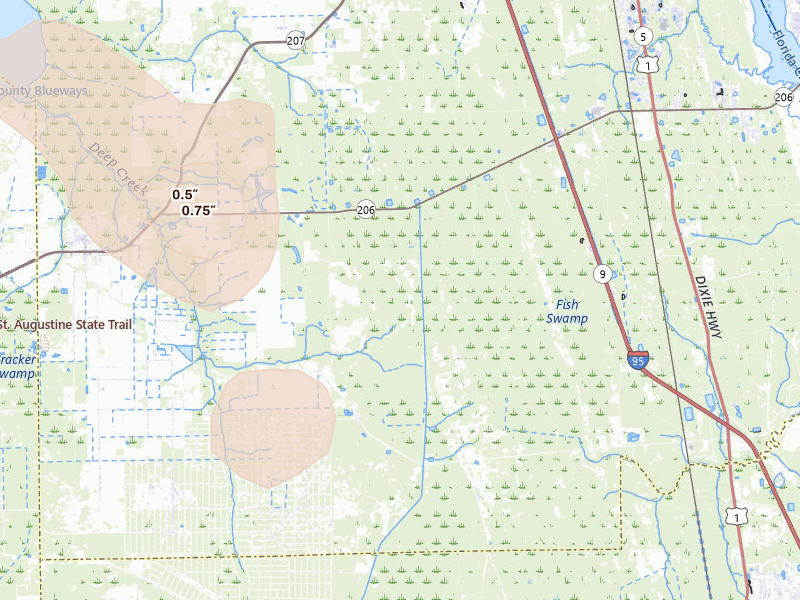 Radar-estimated hail-size map of the storm over Hastings, FL on Jul 10, 2026