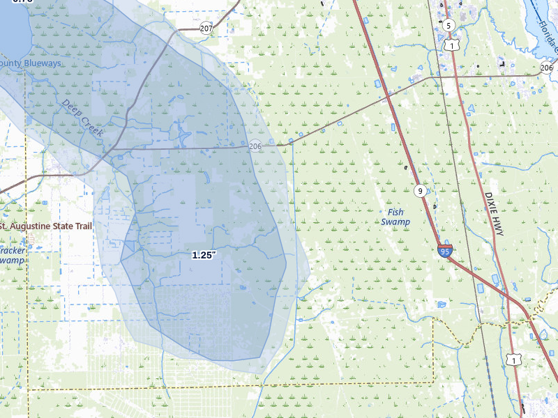 NEXRAD radar-signature map of the hail storm over Hastings, FL on Jul 10, 2026