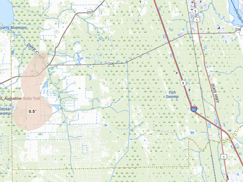 Radar-estimated hail-size map of the storm over Hastings, FL on Jul 30, 2026