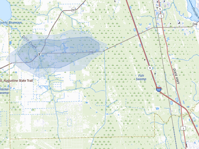 NEXRAD radar-signature map of the hail storm over Hastings, FL on Jul 30, 2026