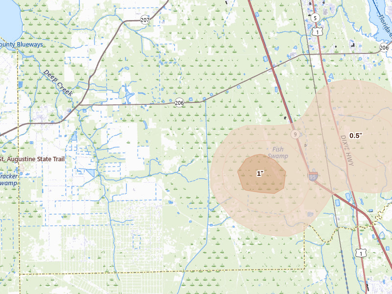 Radar-estimated hail-size map of the storm over Hastings, FL on Aug 20, 2026