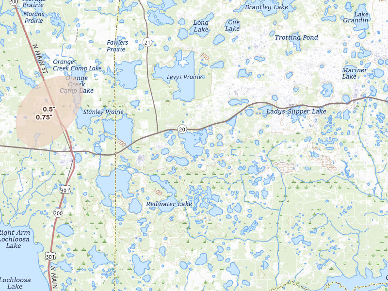 Radar-estimated hail-size map of the storm over Hawthorne, FL on Jul 9, 2026