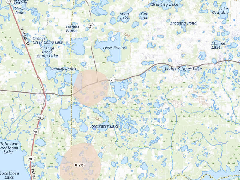 Radar-estimated hail-size map of the storm over Hawthorne, FL on Jul 11, 2026