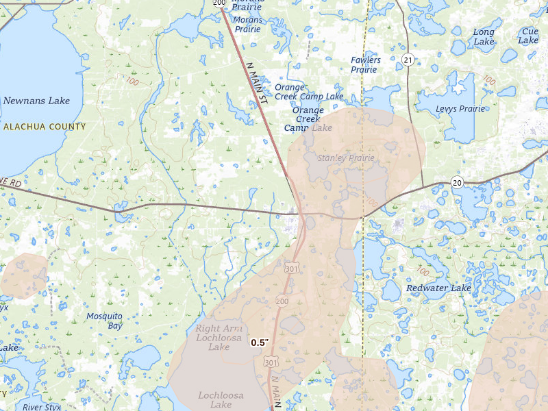 Radar-estimated hail-size map of the storm over Hawthorne, FL on Jul 17, 2026