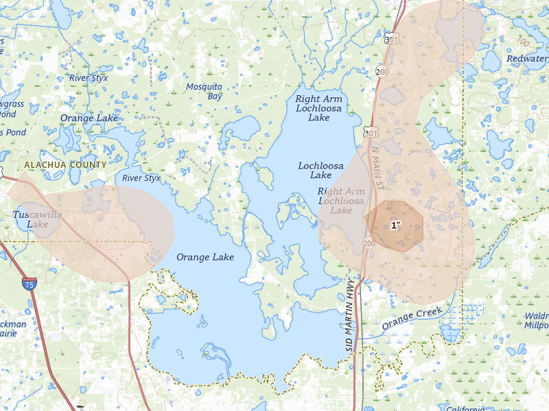 Radar-estimated hail-size map of the storm over Hawthorne, FL on Aug 19, 2026