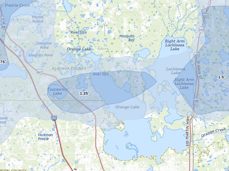 NEXRAD radar-signature map of the hail storm over Hawthorne, FL on Aug 19, 2026