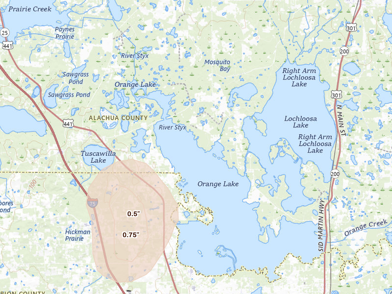 Radar-estimated hail-size map of the storm over Hawthorne, FL on Aug 25, 2026