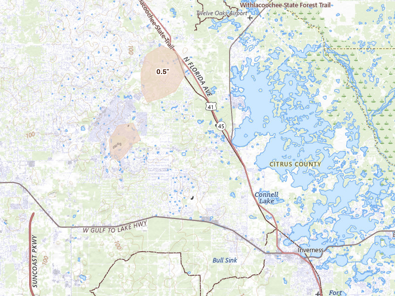Radar-estimated hail-size map of the storm over Hernando, FL on May 21, 2026