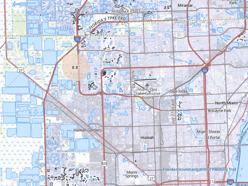 Radar-estimated hail-size map of the storm over Hialeah, FL on Jun 23, 2026
