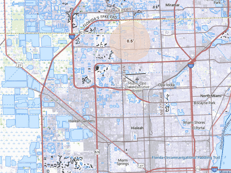 Radar-estimated hail-size map of the storm over Hialeah, FL on Jun 24, 2026