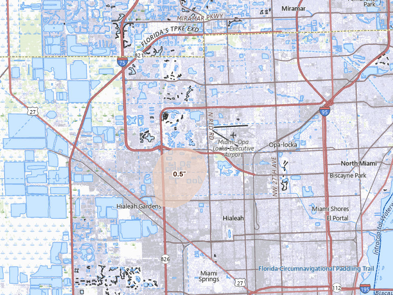 Radar-estimated hail-size map of the storm over Hialeah, FL on Jul 5, 2026