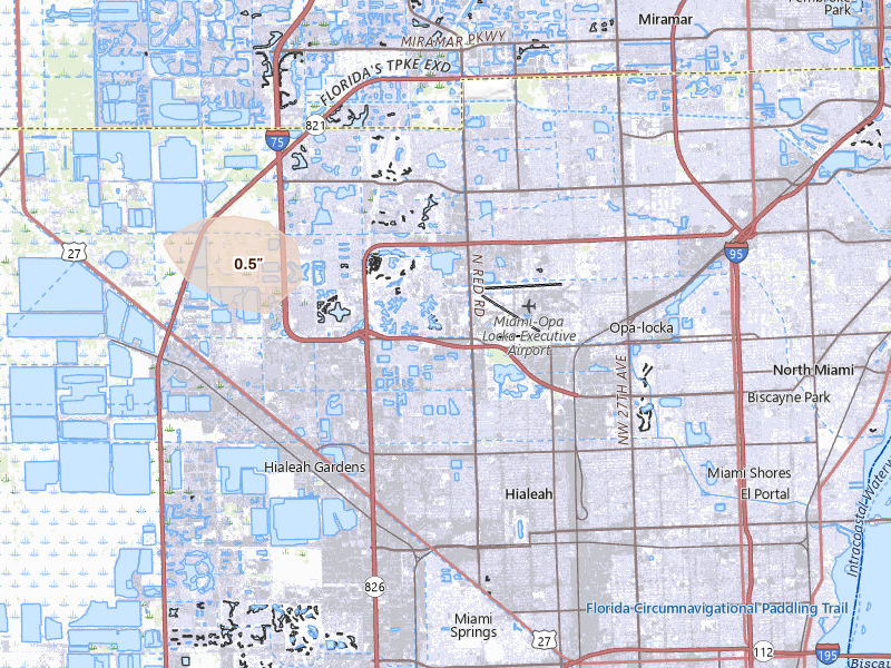 Radar-estimated hail-size map of the storm over Hialeah, FL on Jul 25, 2026