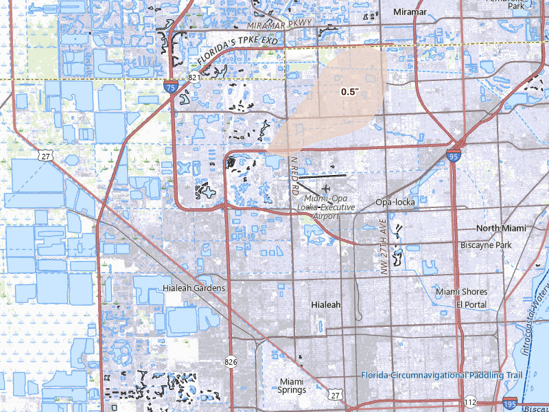 Radar-estimated hail-size map of the storm over Hialeah, FL on Aug 1, 2026
