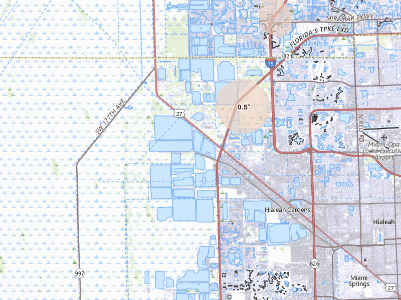 Radar-estimated hail-size map of the storm over Hialeah, FL on Aug 27, 2026