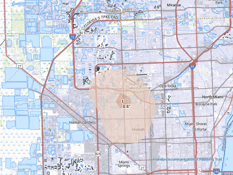Radar-estimated hail-size map of the storm over Hialeah, FL