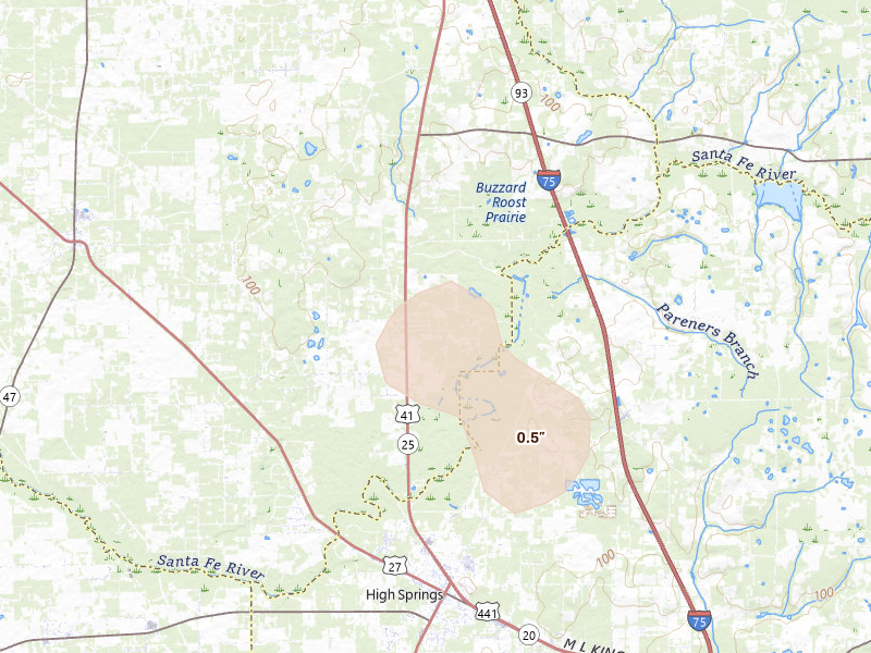 Radar-estimated hail-size map of the storm over High Springs, FL on Aug 24, 2026
