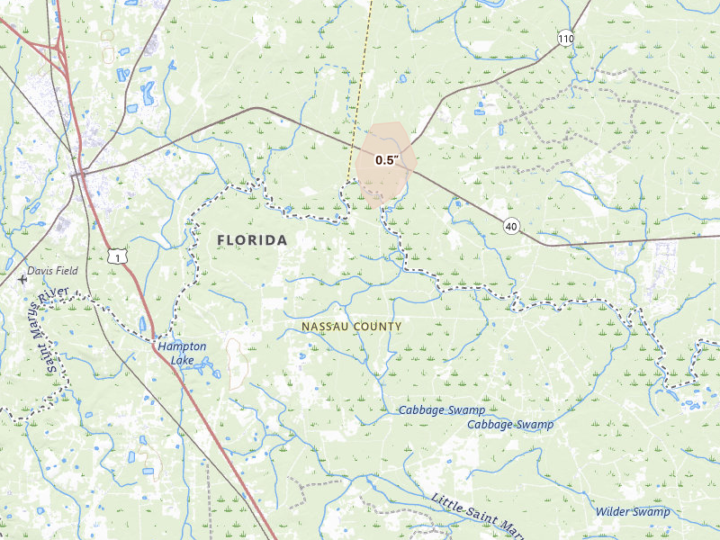 Radar-estimated hail-size map of the storm over Hilliard, FL on Aug 6, 2026