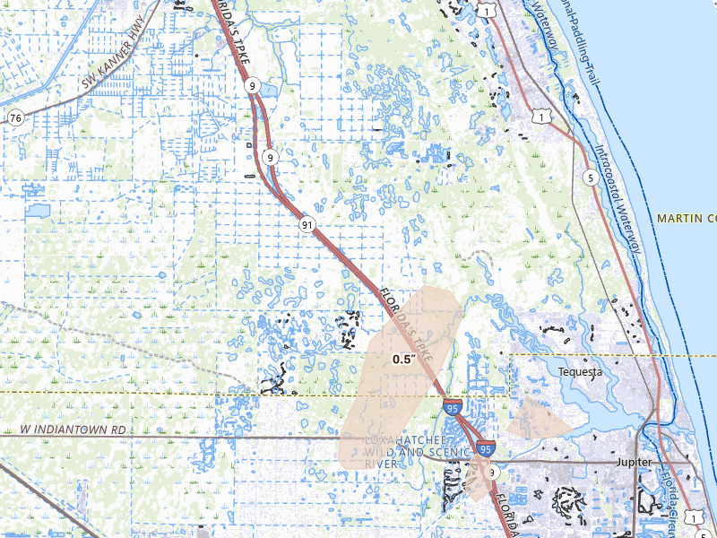 Radar-estimated hail-size map of the storm over Hobe Sound, FL on Mar 16, 2026