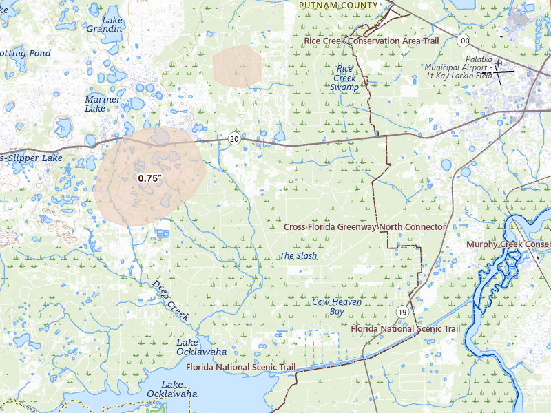 Radar-estimated hail-size map of the storm over Hollister, FL on Jul 10, 2026