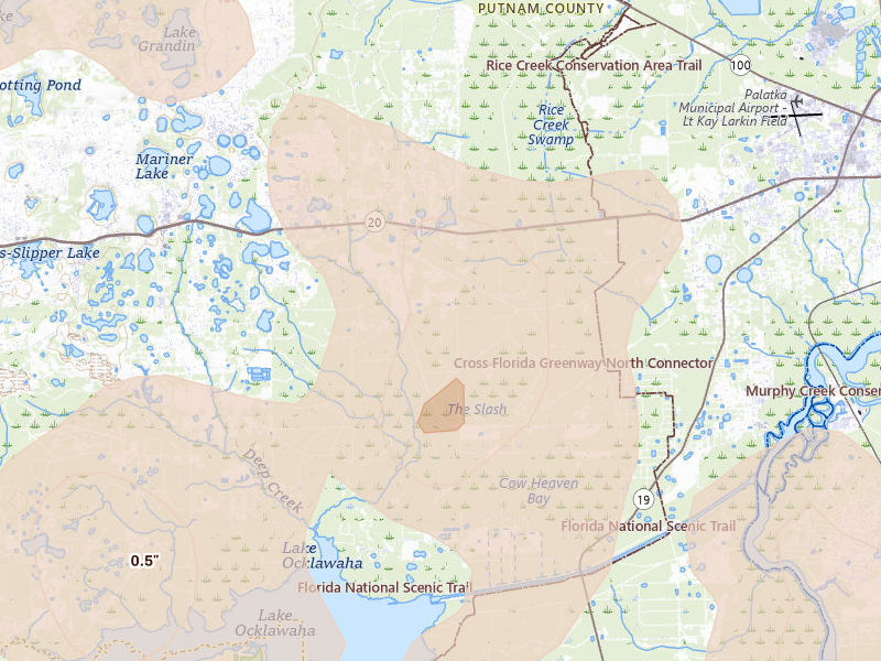 Radar-estimated hail-size map of the storm over Hollister, FL on Aug 18, 2026