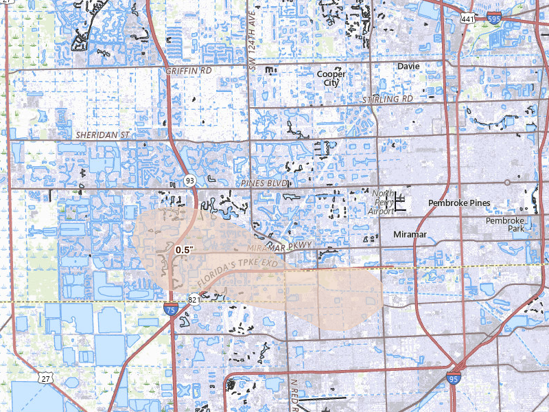 Radar-estimated hail-size map of the storm over Hollywood, FL on Apr 7, 2026