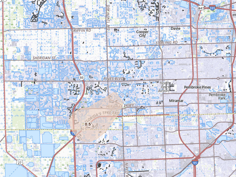Radar-estimated hail-size map of the storm over Hollywood, FL on Jun 2, 2026