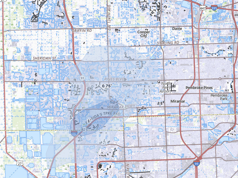 NEXRAD radar-signature map of the hail over Hollywood, FL