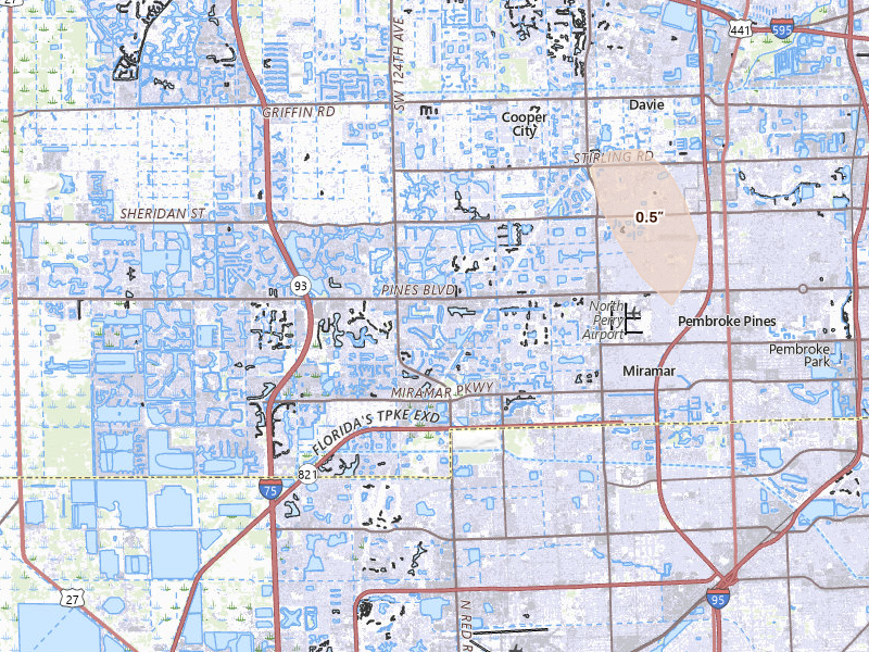Radar-estimated hail-size map of the storm over Hollywood, FL on Jul 27, 2026