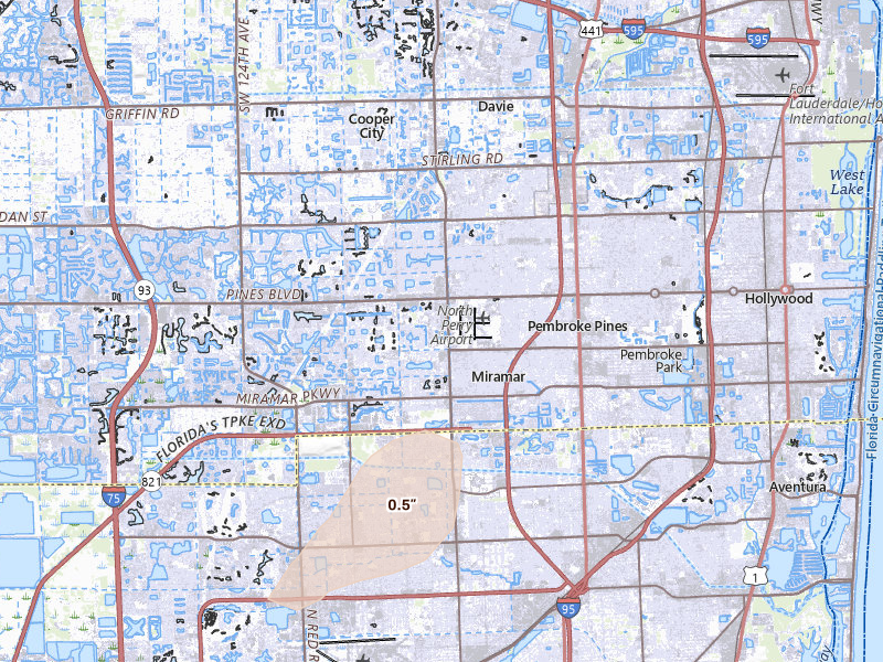 Radar-estimated hail-size map of the storm over Hollywood, FL on Aug 1, 2026