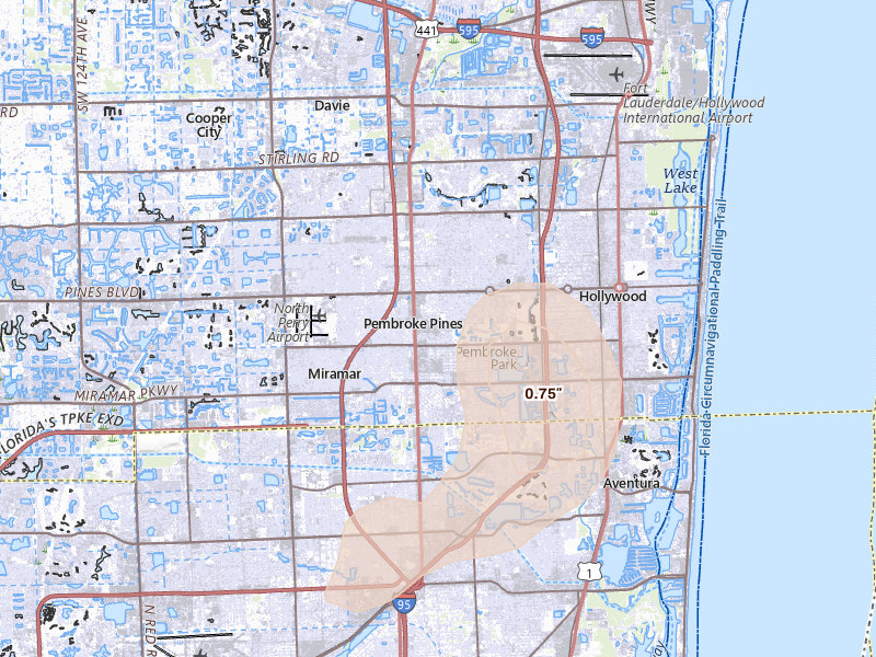 Radar-estimated hail-size map of the storm over Hollywood, FL on Aug 3, 2026