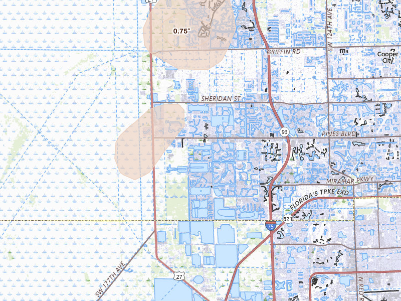 Radar-estimated hail-size map of the storm over Hollywood, FL on Aug 22, 2026