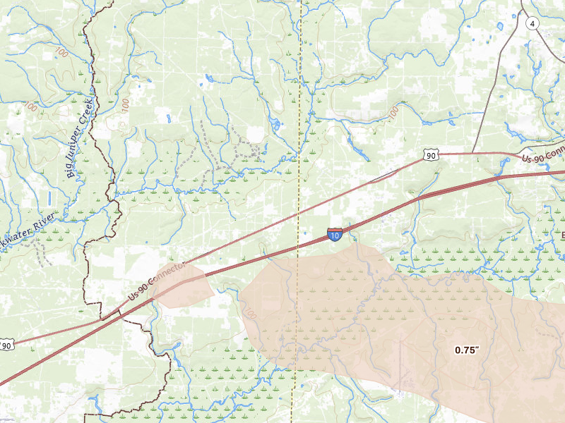 Radar-estimated hail-size map of the storm over Holt, FL on Jan 3, 2026