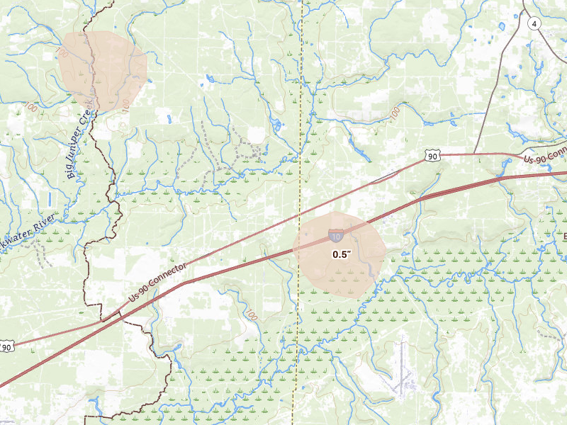 Radar-estimated hail-size map of the storm over Holt, FL on Jun 1, 2026
