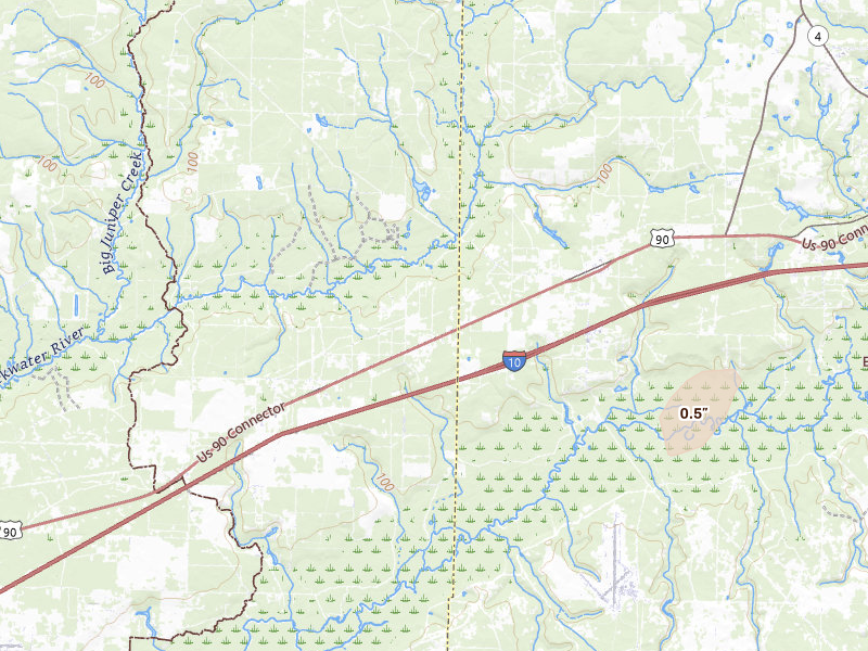 Radar-estimated hail-size map of the storm over Holt, FL on Jun 30, 2026