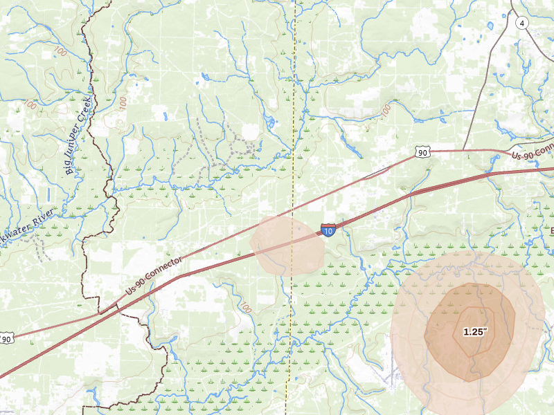 Radar-estimated hail-size map of the storm over Holt, FL on Aug 17, 2026